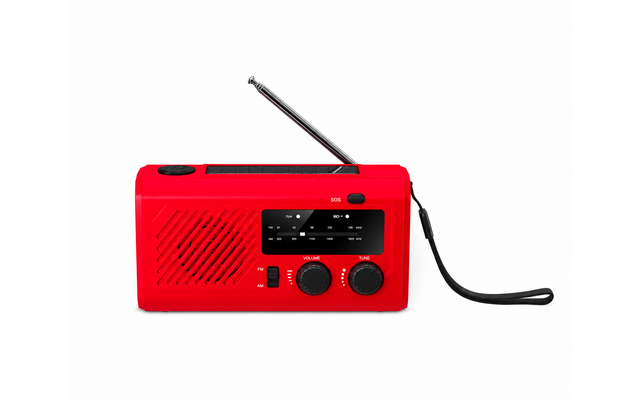 Rotes tragbares Radio mit ausgezogener Teleskopantenne, Lautsprechergitter links, schwarzem Bedienfeld mit Anzeige und zwei Drehknöpfen, schwarzem Trageriemen rechts