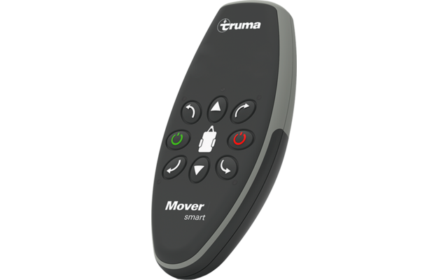 Mando a distancia gris oscuro con logo 'Truma' en la parte superior, nueve botones con flechas, símbolos de encendido, icono de coche en el centro y texto 'Mover smart'