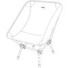 Chaise pliante avec assise en tissu sur cadre métallique et quatre pieds, petite étiquette rectangulaire avec texte au dos de l'assise