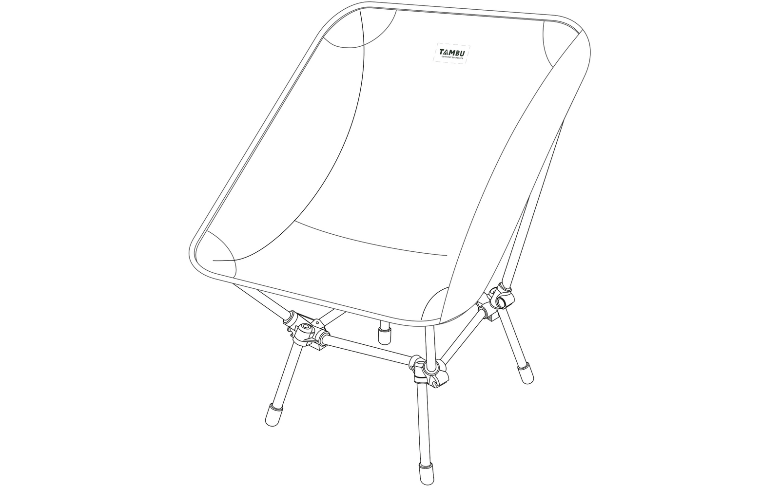 Chaise pliante avec assise en tissu sur cadre métallique et quatre pieds, petite étiquette rectangulaire avec texte au dos de l'assise