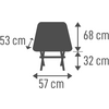 Vue de face d'une silhouette de chaise avec flèches de mesure et valeurs : 57 cm (horizontal en bas), 68 cm (vertical à droite), 32 cm (petite flèche verticale à droite), 53 cm (diagonale à gauche)
