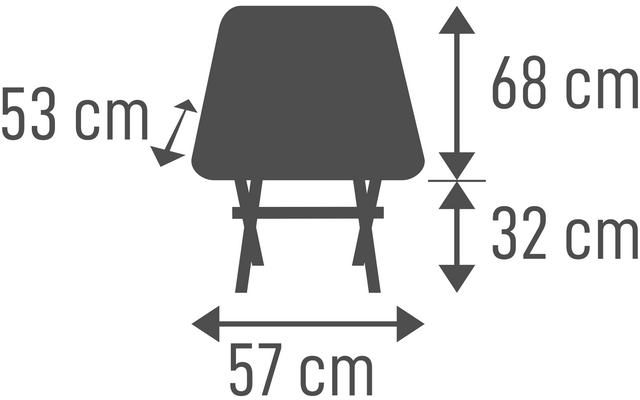 Vue de face d'une silhouette de chaise avec flèches de mesure et valeurs : 57 cm (horizontal en bas), 68 cm (vertical à droite), 32 cm (petite flèche verticale à droite), 53 cm (diagonale à gauche)