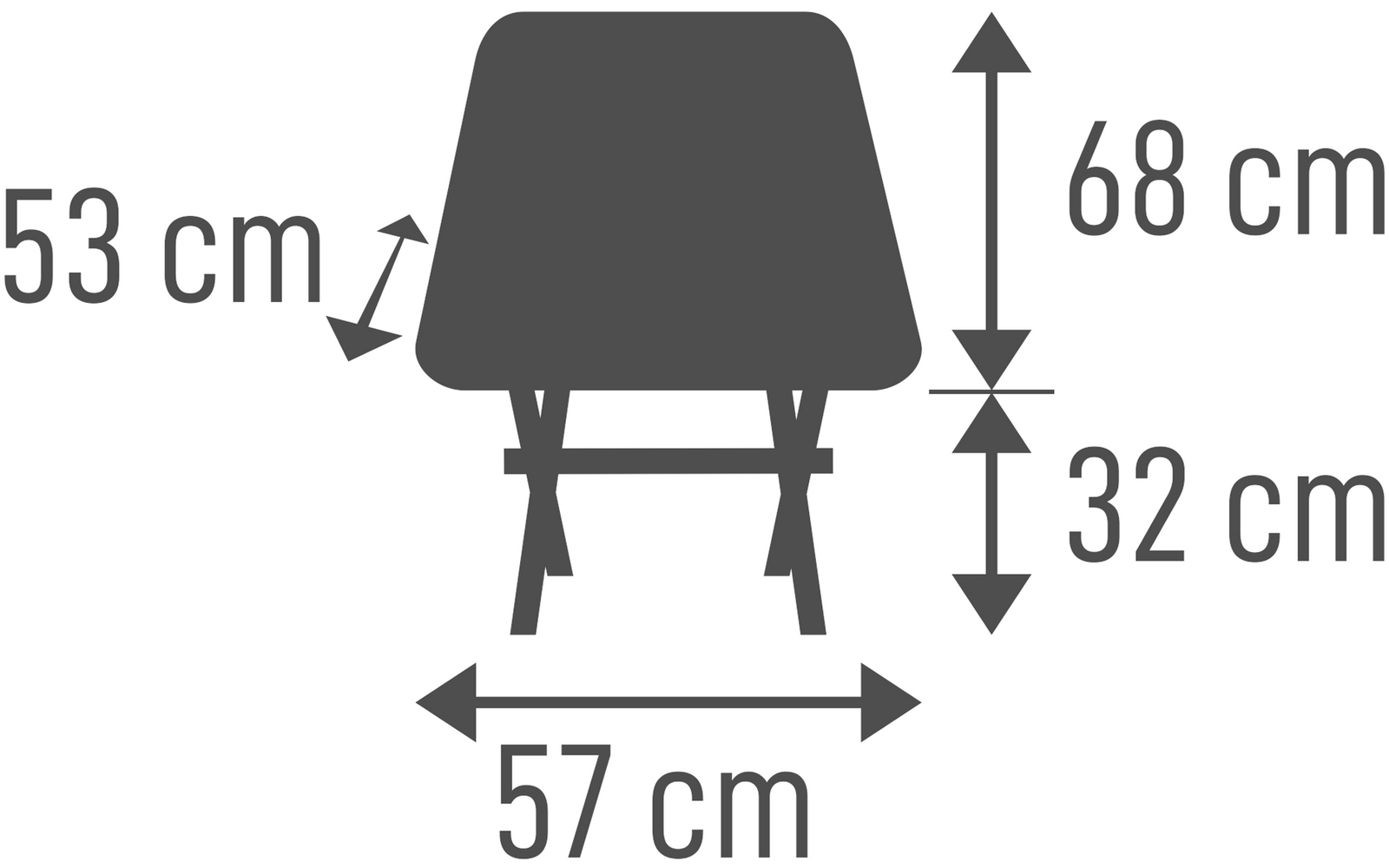 Vue de face d'une silhouette de chaise avec flèches de mesure et valeurs : 57 cm (horizontal en bas), 68 cm (vertical à droite), 32 cm (petite flèche verticale à droite), 53 cm (diagonale à gauche)