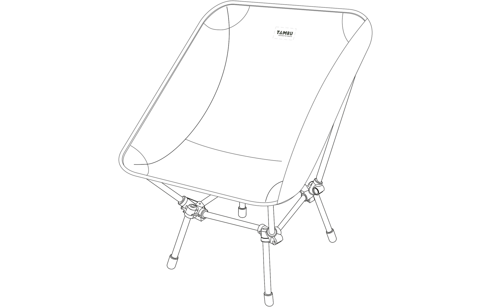 Faltstuhl mit Stoffsitz auf Metallgestell und vier Beinen, kleines rechteckiges Etikett mit Schrift auf der Rückenfläche