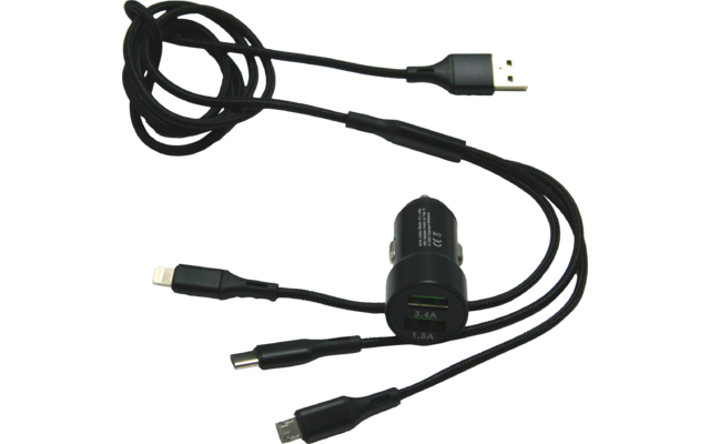 IWH Dual 3 in 1 USB-oplader voor auto's 3 poorten 1,2 meter