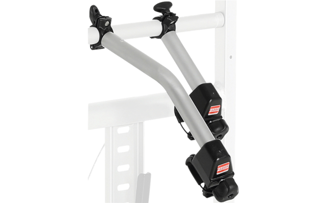 Weiß-grauer Metall-Fahrradträger mit zwei horizontalen Schienen, aufrechtem Träger mit zwei Klemmen und Riemen zur Radbefestigung