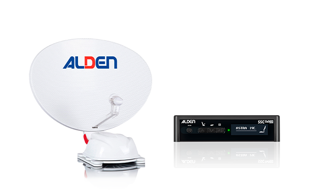 Antenne parabolique ronde blanche avec logo 'ALDEN' bleu et rouge sur une base blanche; à droite un boîtier de commande noir avec deux écrans et inscriptions
