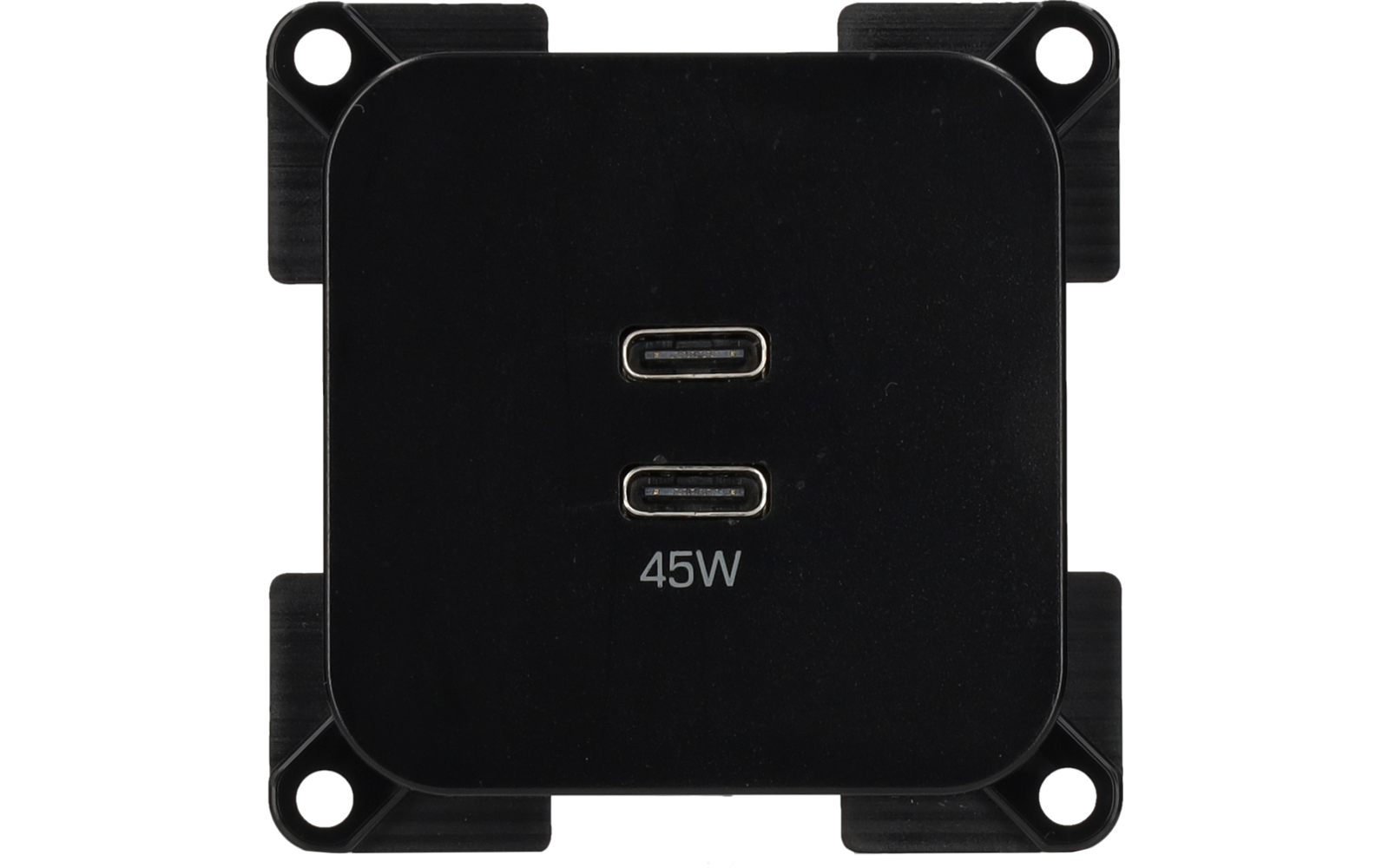 Schwarzes quadratisches Modul mit zwei übereinander angeordneten USB‑C‑Buchsen und der Aufschrift "45W" darunter; an den vier Ecken Montage Laschen mit Schraubenlöchern