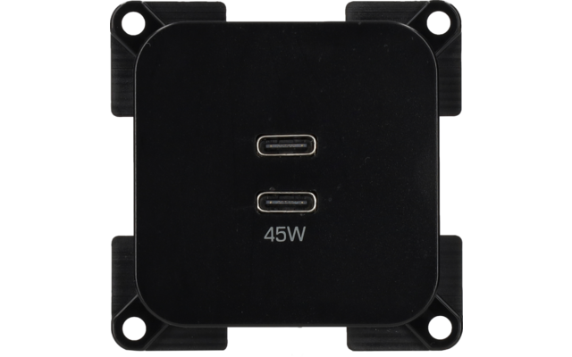 Schwarzes quadratisches Modul mit zwei übereinander angeordneten USB‑C‑Buchsen und der Aufschrift "45W" darunter; an den vier Ecken Montage Laschen mit Schraubenlöchern