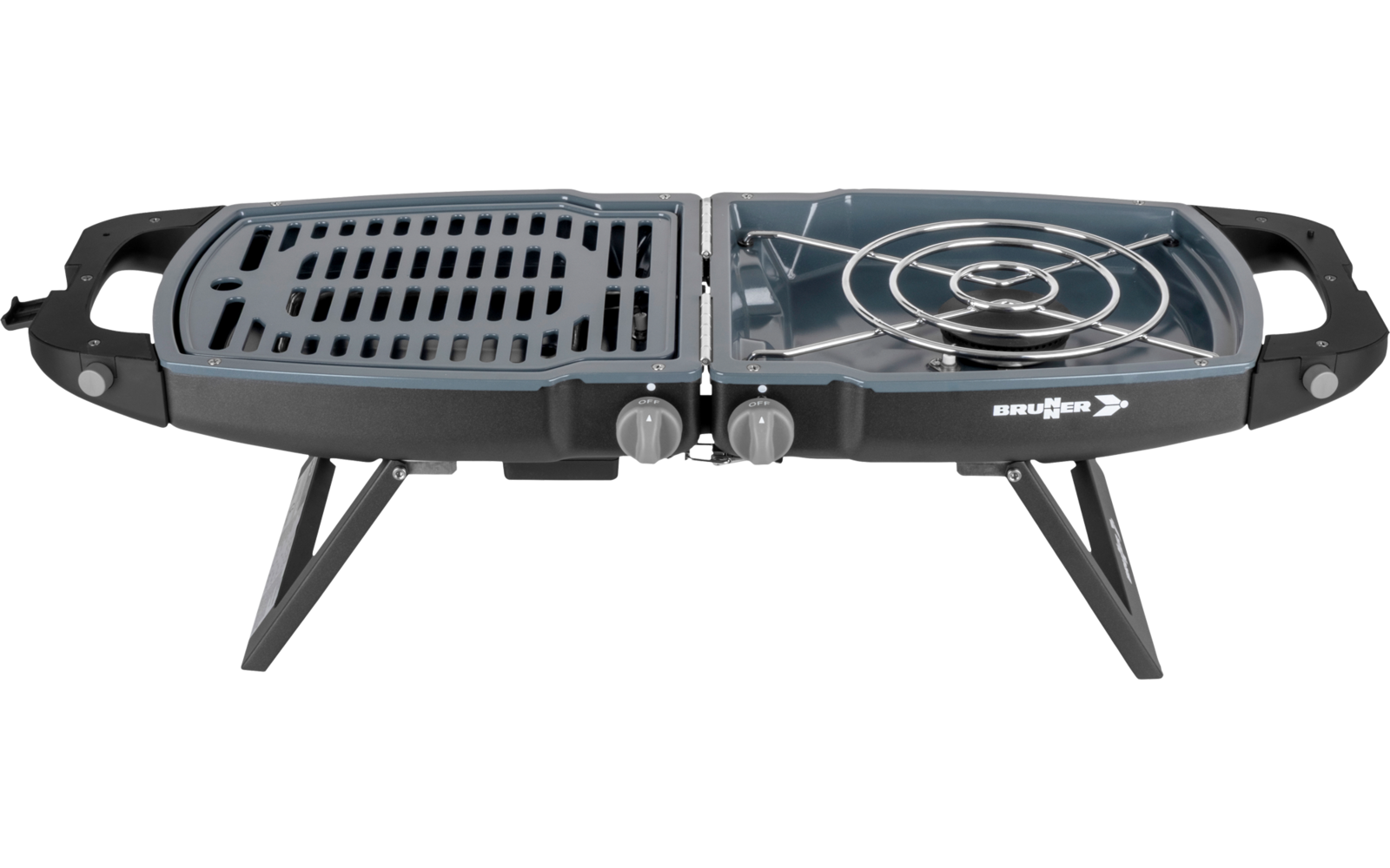 Tragbarer Grill mit zwei Kochplatten und ausklappbaren Beinen