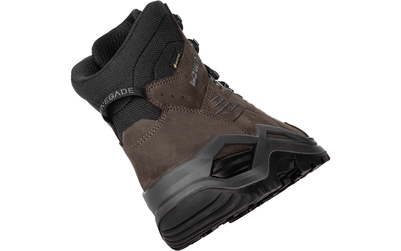 Botte haute marron et noire vue de côté, col rembourré, lacets et semelle noire crantée, inscriptions visibles 'RENEGADE' et 'LOWA'