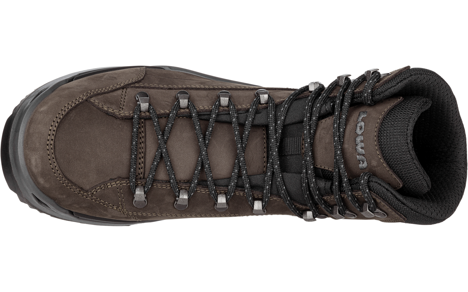 Chaussure marron montant à la cheville vue de dessus, avec lacets, œillets métalliques et logo visible "LOWA" sur la languette