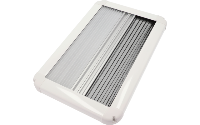 Weißer rechteckiger Rahmen mit zwei nebeneinanderliegenden Lamellenflächen, links hellgrau, rechts dunkelgrau, schmale vertikale Lamellen