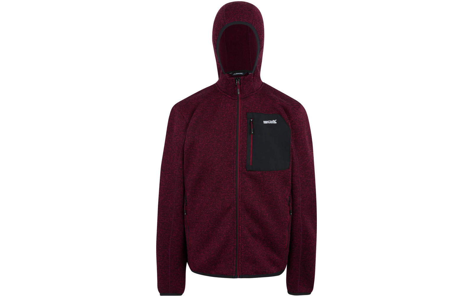 Dunkelrote Kapuzenjacke mit Reißverschluss und schwarzer Brusttasche
