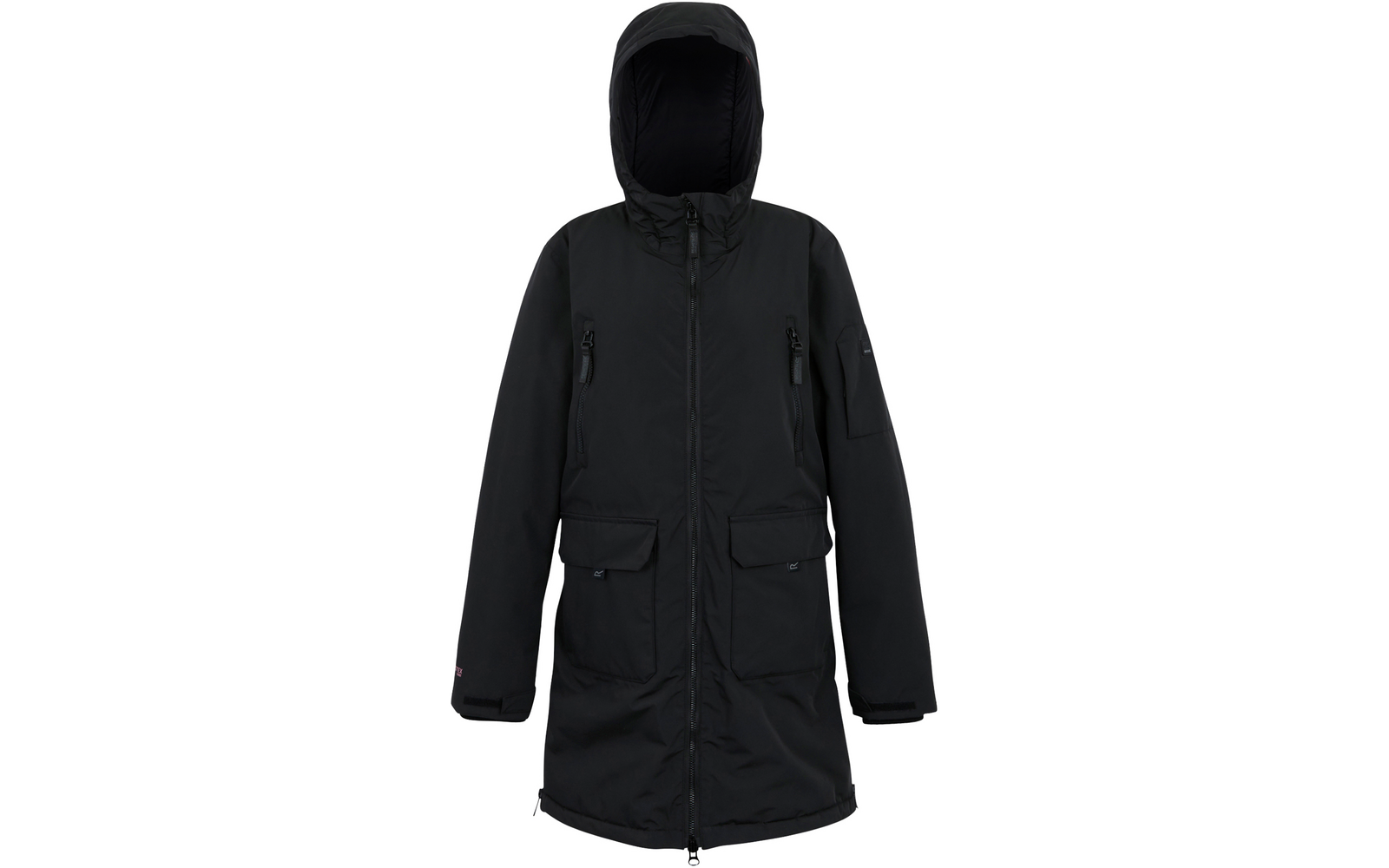 Schwarzer Parka mit Kapuze und Reißverschluss, vorne zwei große Taschen