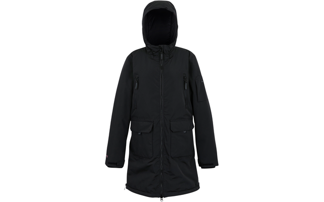 Schwarzer Parka mit Kapuze und Reißverschluss, vorne zwei große Taschen