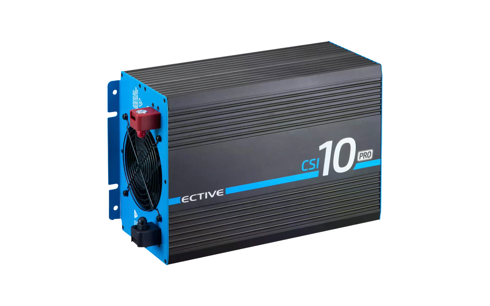 Onduleur bleu et noir avec ventilateur sur le côté gauche