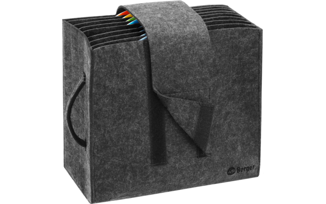 Grijze vilten doos met klep en zijhandgreep, meerdere rechtopstaande scheidingsmappen met gekleurde tabranden, klein Berger-logo rechtsonder