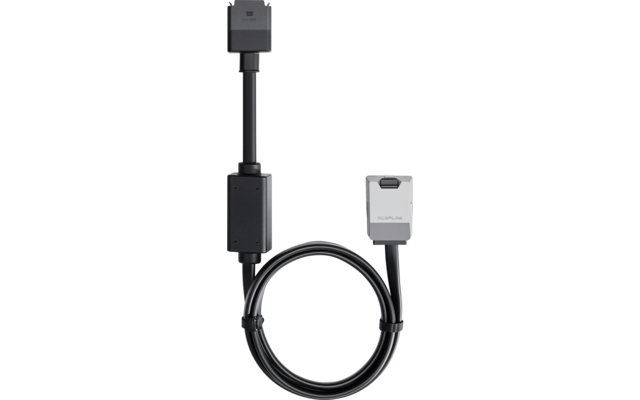 Schwarzes Kabel mit zwei grauen rechteckigen Steckern, mittig ein schwarzes Zwischengehäuse, auf weißem Hintergrund