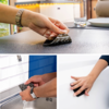 Driedelige collage: Boven een hand die een zwart schoonmaakpad van een donker tafelblad haalt; linksonder houden handen het natte pad onder een lopende kraan; rechtsonder veegt een hand met het pad over een witte oppervlakte