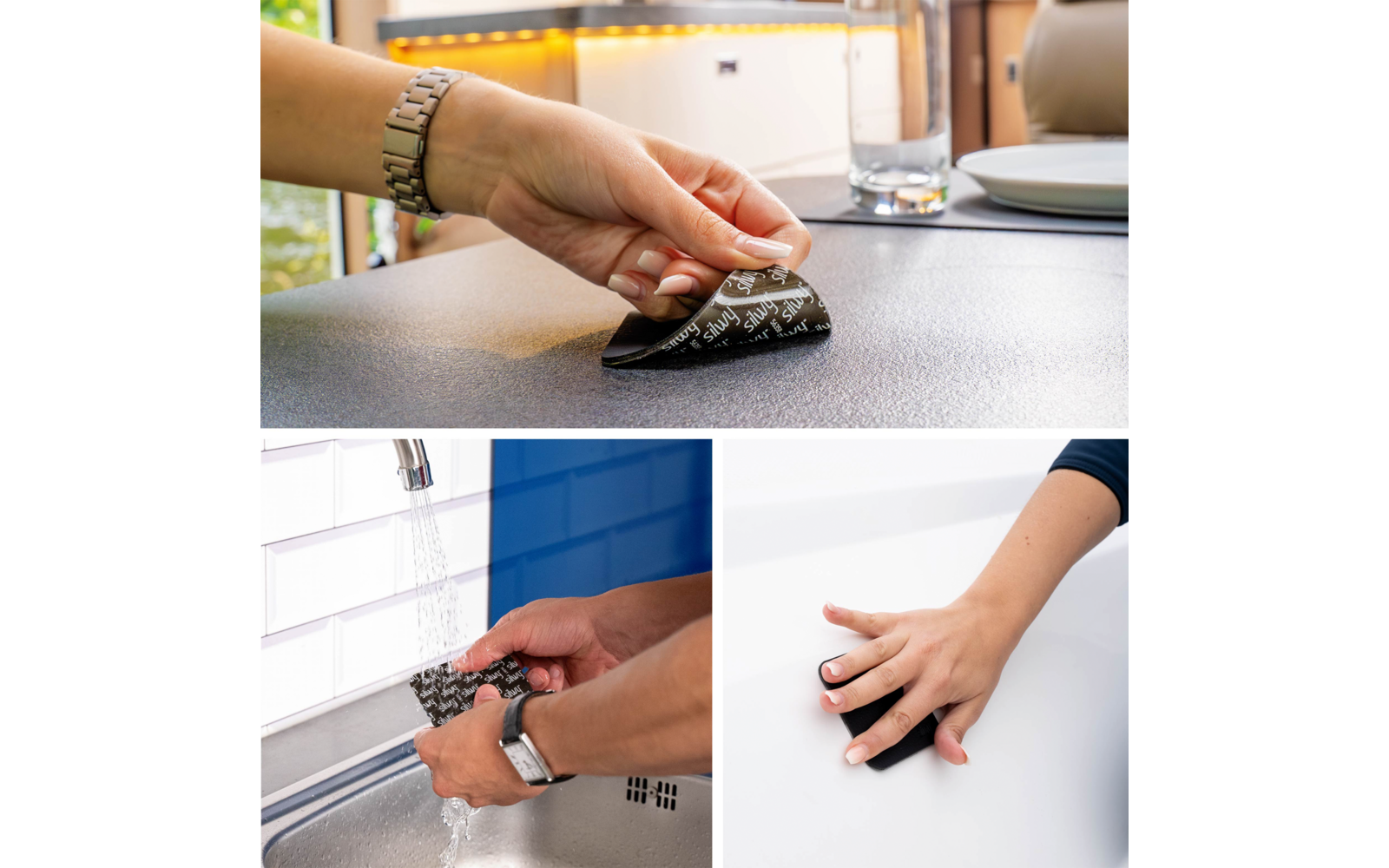 Driedelige collage: Boven een hand die een zwart schoonmaakpad van een donker tafelblad haalt; linksonder houden handen het natte pad onder een lopende kraan; rechtsonder veegt een hand met het pad over een witte oppervlakte