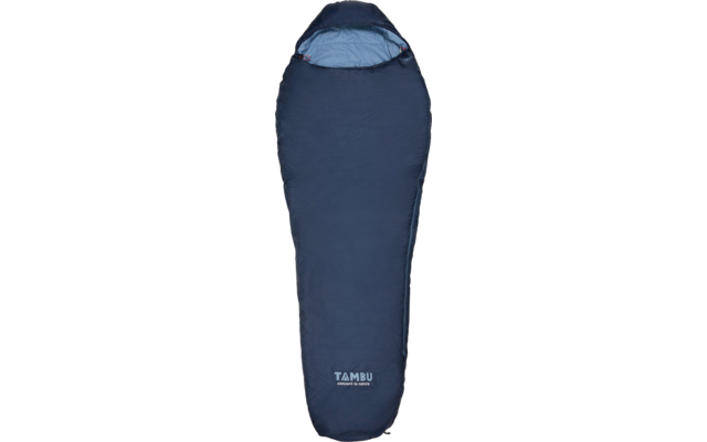 Dark blue mummy sleeping bag with light blue interior, open hood at top, side zipper and white 'TAMBU' logo at bottom
