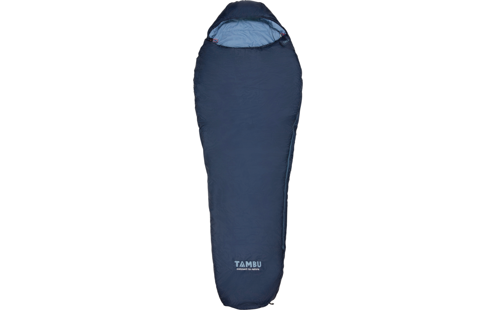 Dark blue mummy sleeping bag with light blue interior, open hood at top, side zipper and white 'TAMBU' logo at bottom