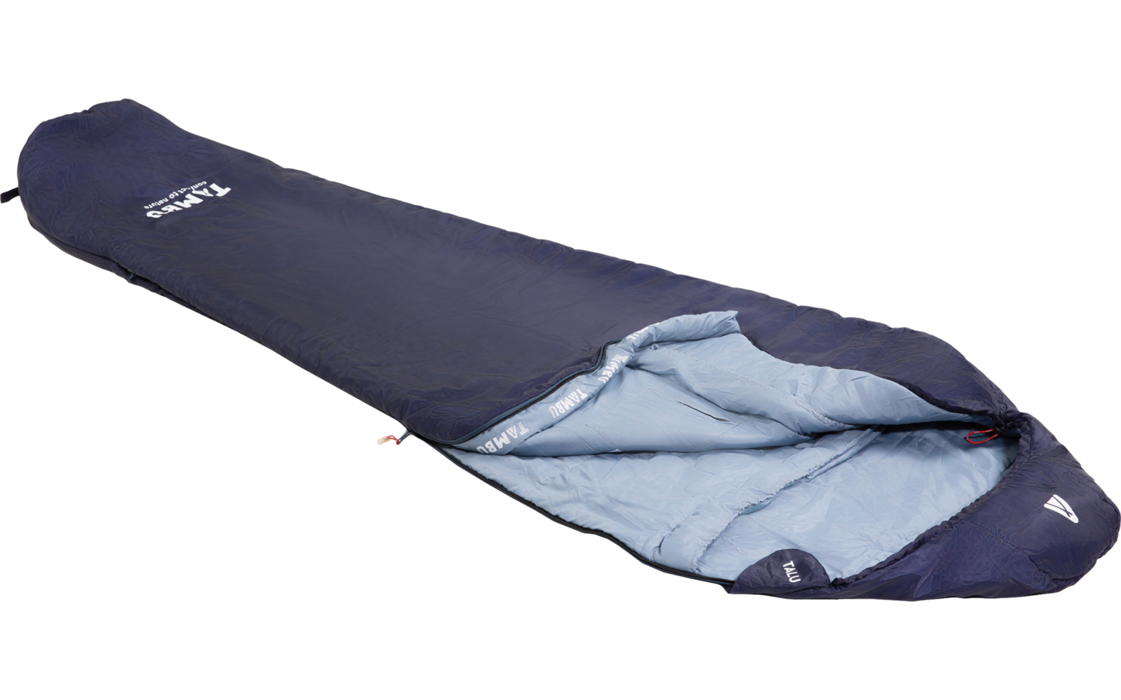 Dark blue mummy sleeping bag, partially opened showing light blue inner lining, tapered foot and hooded head area, with white brand print, white background
