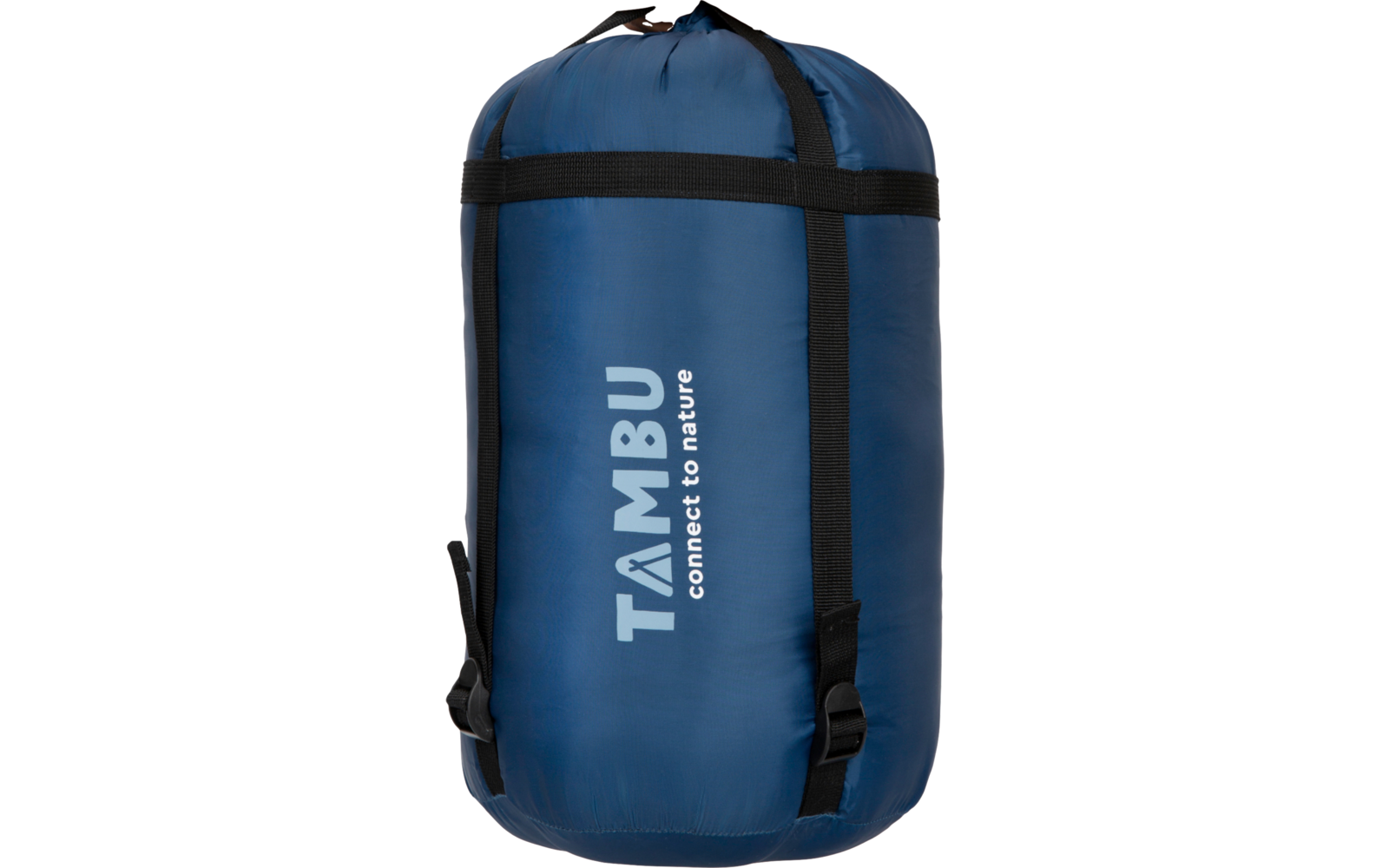 Hand holding a blue cylindrical pack bag with text TAMBU connect to nature; visible forearm, white background