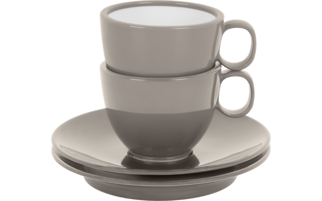 Zwei graue Tassen mit Griffen rechts, übereinander gestapelt auf zwei passenden grauen Untertassen