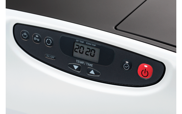 Schwarzes, ovales Bedienfeld auf weißer Gehäusefläche mit kleinem LCD-Display, das '20 20' anzeigt; mehrere Drucktasten, darunter rote Ein-/Aus-Taste mit Stromsymbol und Pfeiltasten unter der Anzeige; Beschriftung 'TEMP/TIME'