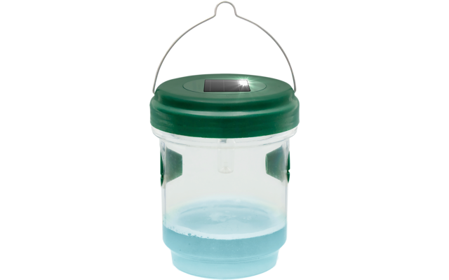 Transparenter Behälter mit grünem Deckel und blauem Boden, mit Henkel zum Aufhängen