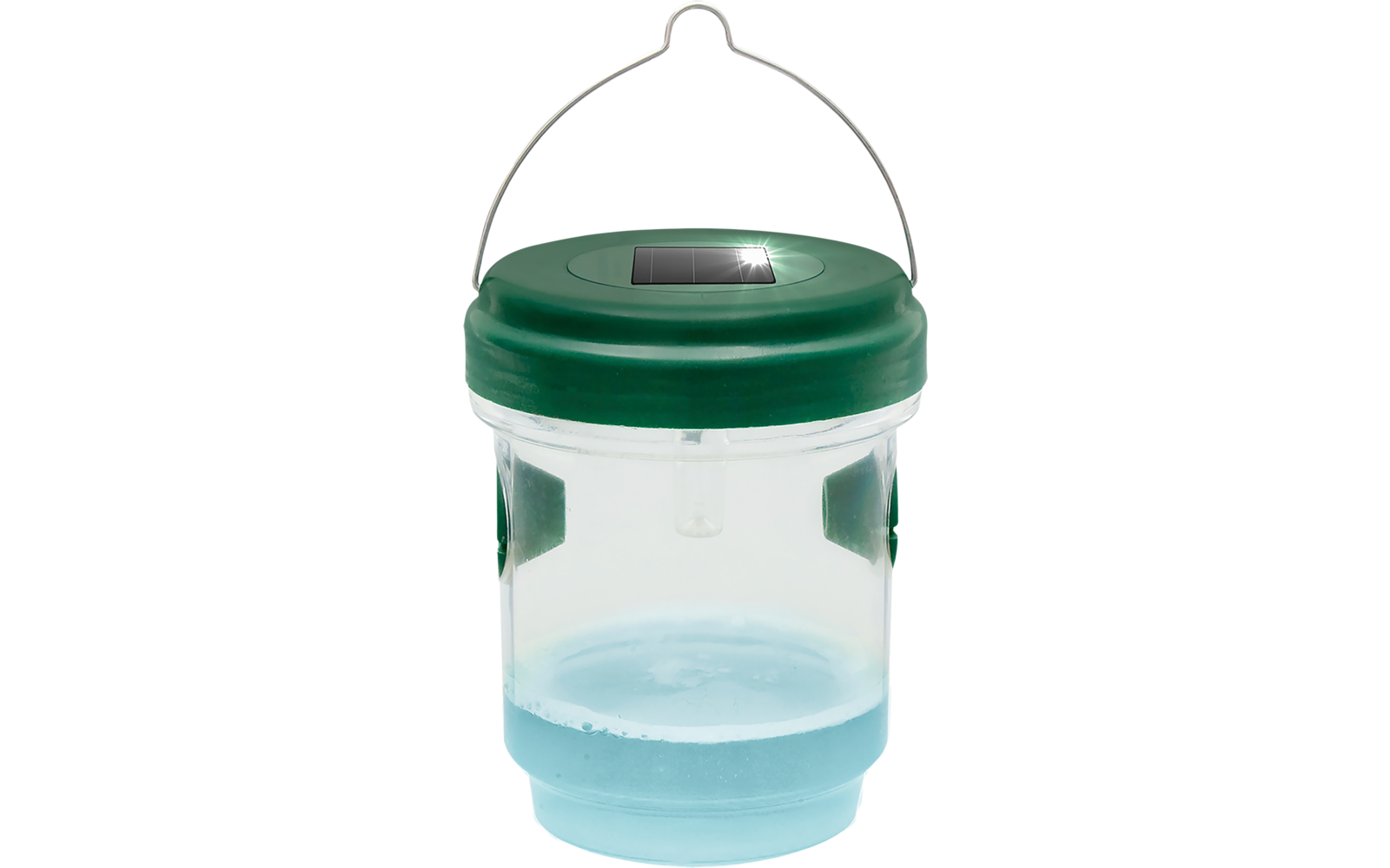 Transparenter Behälter mit grünem Deckel und blauem Boden, mit Henkel zum Aufhängen