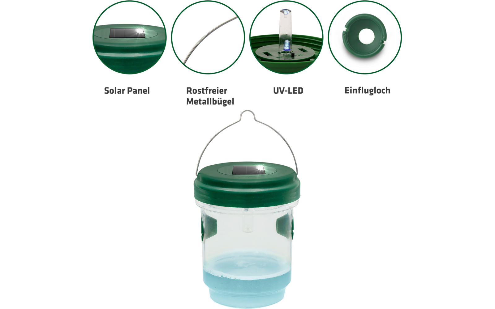 Solarlampe mit grünem Deckel, durchsichtiger Unterteil, daneben Detailansichten von Solarpanel, Metallbügel, UV-LED und Einfüllloch