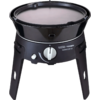 Cocina de gas exterior negra con olla y perilla de control