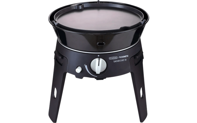 Cocina de gas exterior negra con olla y perilla de control