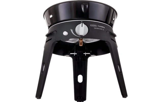 Dispositivo de cocina eléctrico negro con tres patas y una perilla giratoria en la parte frontal