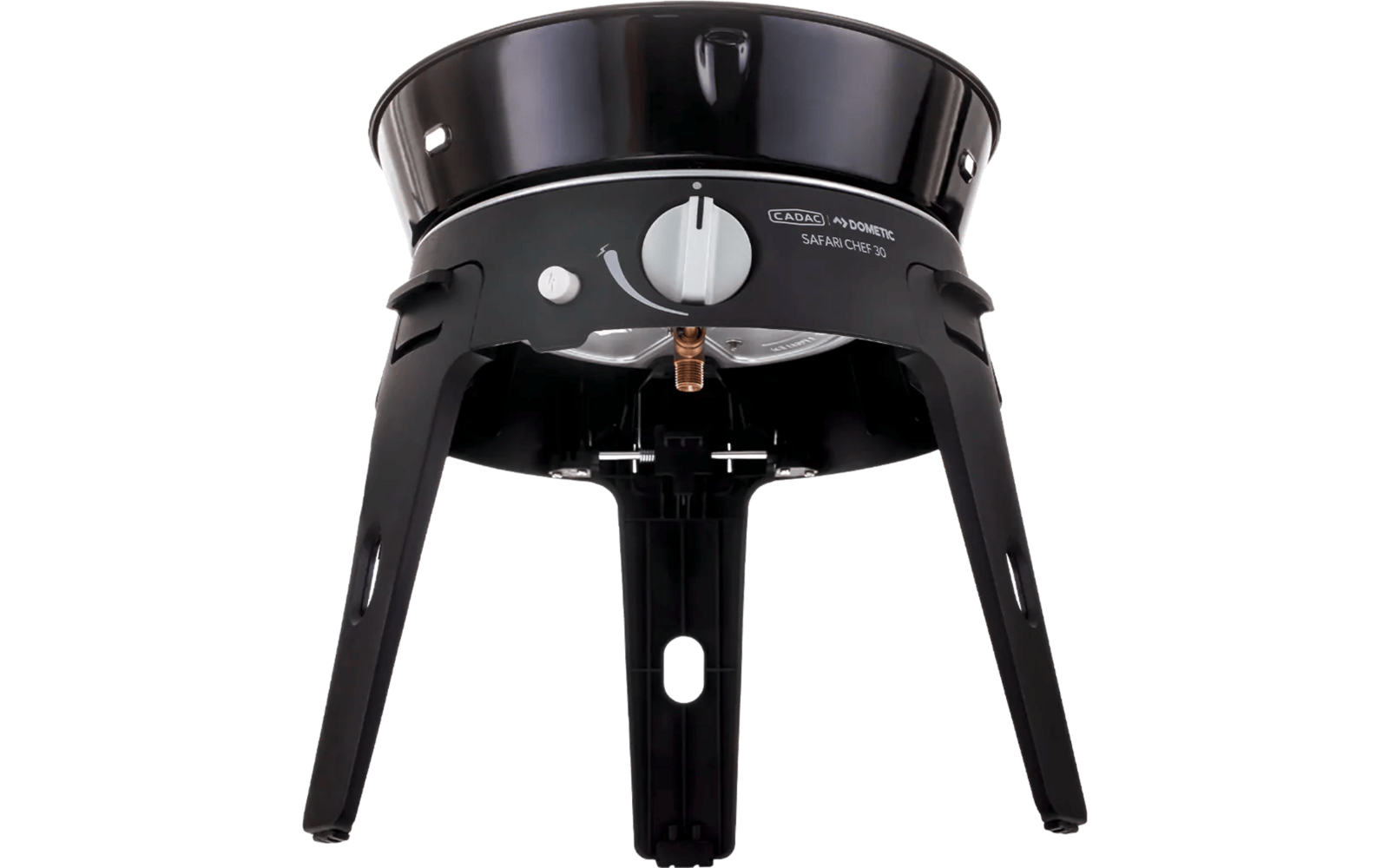 Dispositivo de cocina eléctrico negro con tres patas y una perilla giratoria en la parte frontal