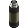 Zylinderförmige olivgrüne Flasche mit silberner Edelstahlöffnung oben, schwarzem geriffeltem Ring darunter und schwarzem Boden mit 'SIGG'-Logo