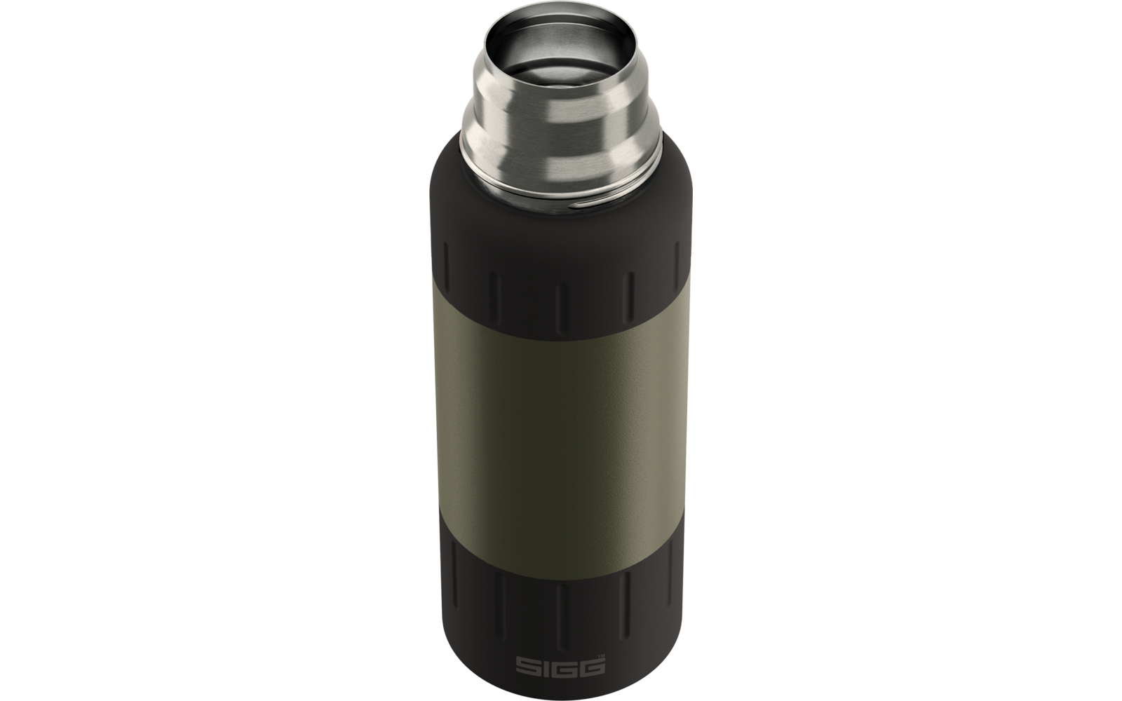 Zylinderförmige olivgrüne Flasche mit silberner Edelstahlöffnung oben, schwarzem geriffeltem Ring darunter und schwarzem Boden mit 'SIGG'-Logo