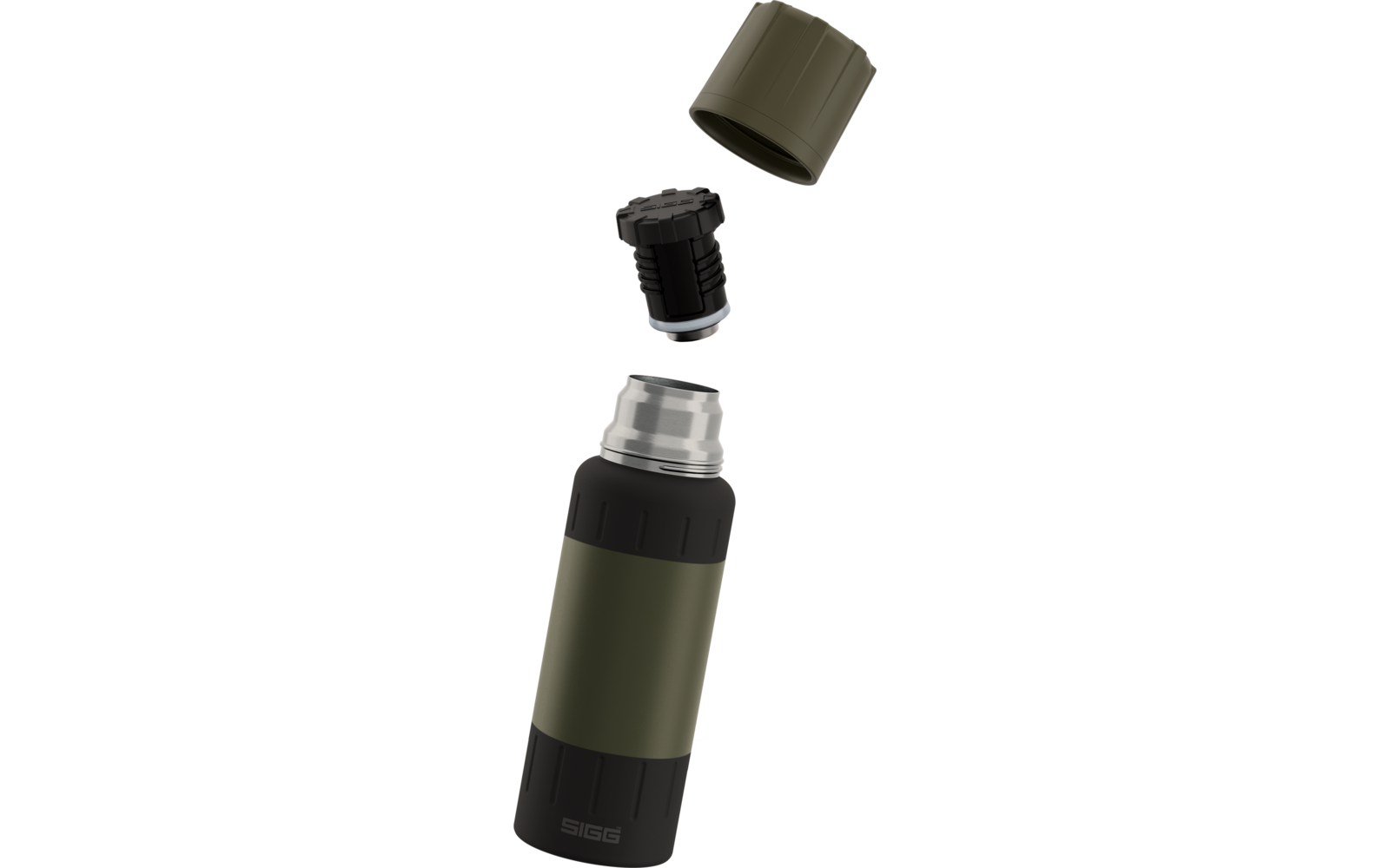 Grün-schwarze Isolierflasche mit abgenommenem Deckel und separatem Verschluss auf weißem Hintergrund