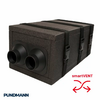 Schwarzer rechteckiger Schaumstoffkasten mit zwei runden Öffnungen vorne, zwei schwarzen Spannriemen, Schriftzug PUNDMANN unten links und rote Schrift smartVENT mit roten Pfeilen unten rechts