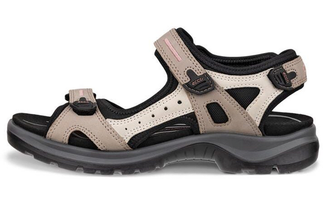 Sandale de plein air beige et noire avec bandes auto-agrippantes, vue latérale