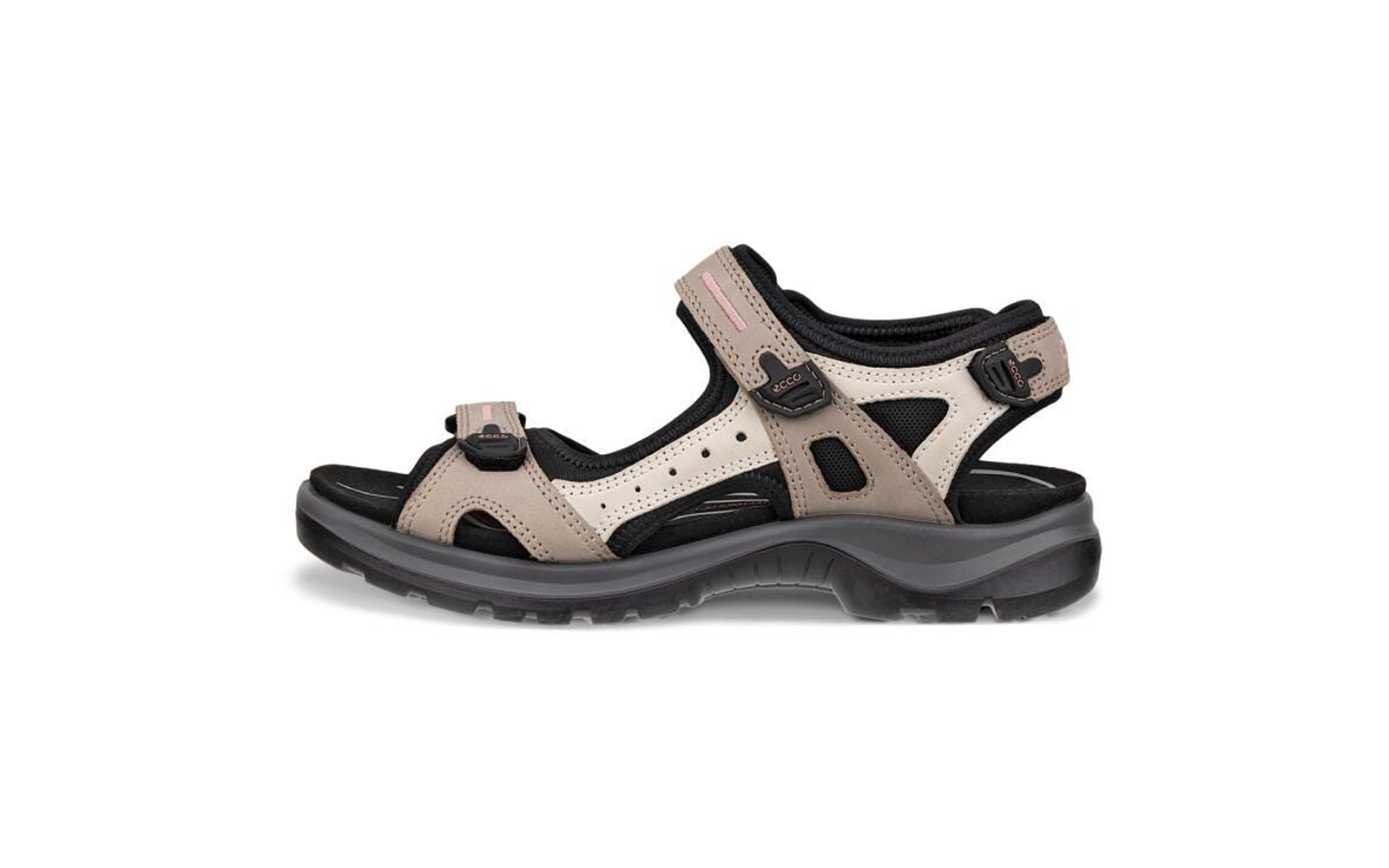 Sandale de plein air beige et noire avec bandes auto-agrippantes, vue latérale