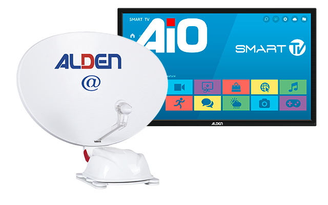 Antena parabólica blanca con el logotipo azul-rojo 'ALDEN @' sobre una base blanca a la izquierda, junto a un televisor de pantalla plana negro con fondo azul, el texto 'AiO SMART TV' e iconos de aplicaciones coloridos