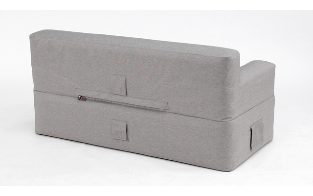 Canapé gris clair vu de dos, deux accoudoirs, revêtement en tissu, fermetures éclair visibles à l'arrière et sur le côté, fond blanc