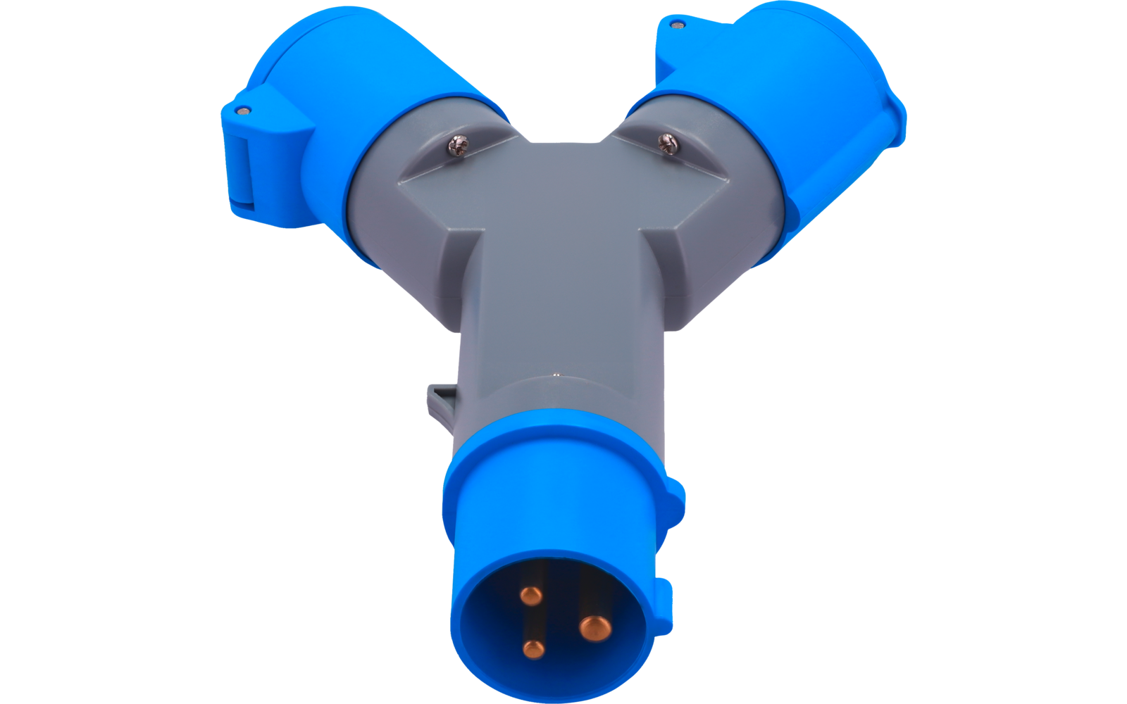 Y-förmiger grauer Kunststoffstecker mit drei blauen Steckdosen, an einem Ende drei sichtbare Messingstifte und zwei Schrauben