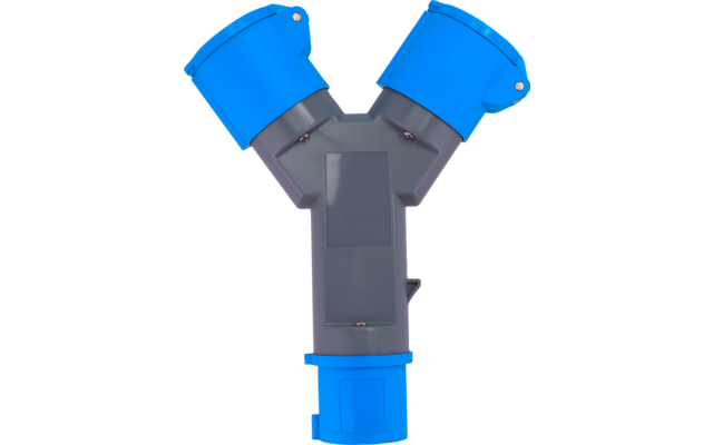 Y‑förmiges graues Kunststoffgehäuse mit drei blauen, abgewinkelten Steckern