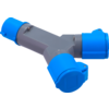 Grau Y-förmiges Kunststoffteil mit drei blauen zylindrischen Abdeckungen