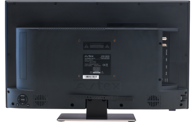 Rückseite eines Flachbildfernsehers mit Anschlüssen und Standfuß